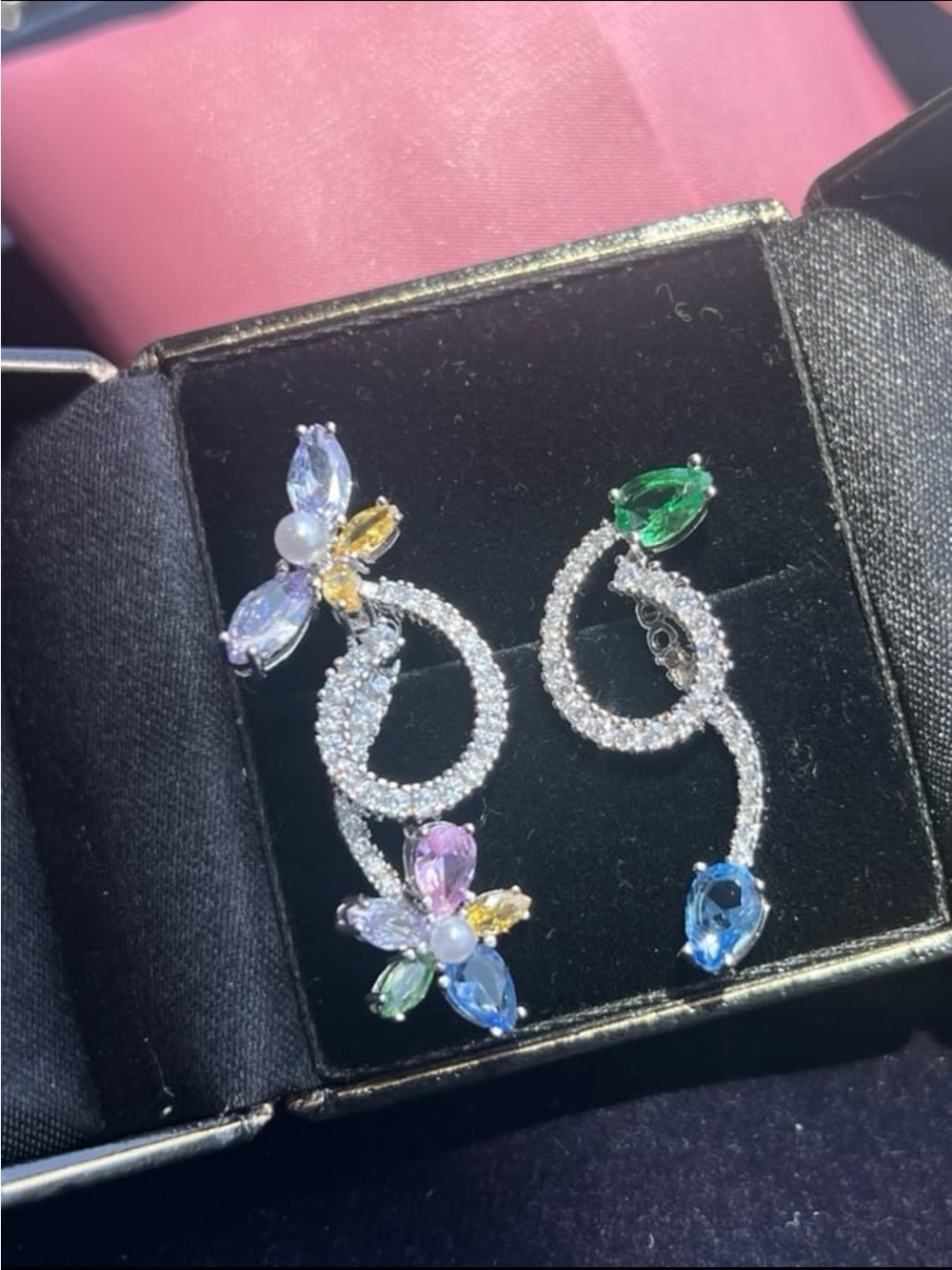 925 Sterling Silver with rhodium finish dragon fly asymmetrical floral earrings